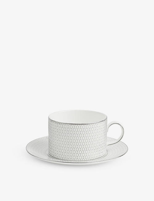 WEDGWOOD: Gio Platinum metallic geometric-pattern bone-china teacup and saucer