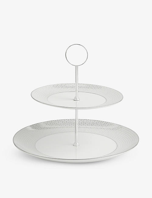WEDGWOOD: Gio Platinum geometric-pattern two-tier bone-china cake stand