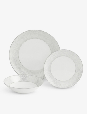 WEDGWOOD: Gio Platinum geometric-pattern 12-piece bone-china dinner set