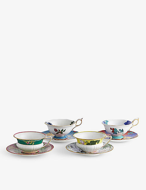 WEDGWOOD: Wonderlust floral-print set of four bone-china teacups and saucers