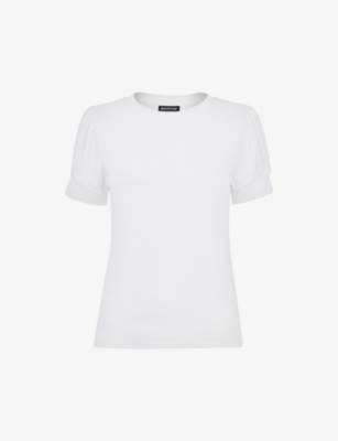 Whistles Womens White Puff-sleeve Ribbed Cotton T-shirt