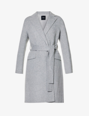 Theory Brushed-texture Tie-waist Wool Coat In Heather Grey
