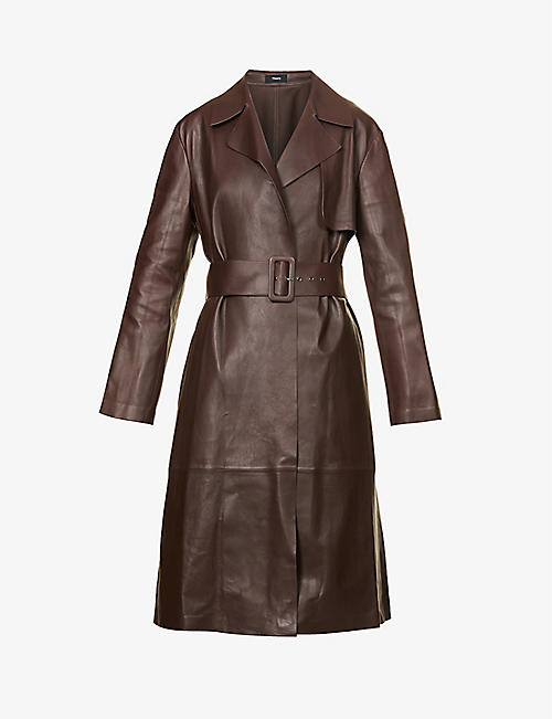 THEORY: Notched-lapel waist-tie leather trench coat