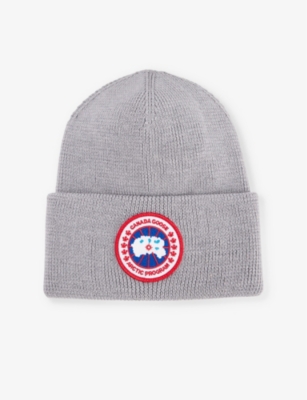 Shop Canada Goose Mens Heather Grey Arctic Disc Ribbed Wool Beanie Hat