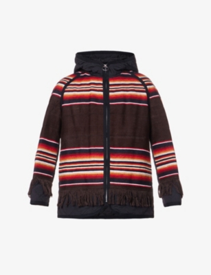 Junya Watanabe Stripe-design Fringed Padded Jacket In Blk X Brn/rd/w