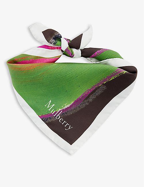 MULBERRY: Graphic-print square organic-silk scarf