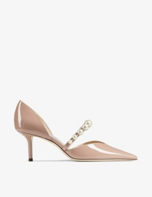 Jimmy Choo Aurelie 85 Pearl Embellished Pumps In Patent Leather In Ballet Pink/white