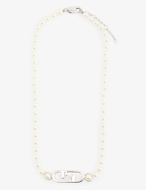 FENDI: O'Lock brand-plaque faux-pearl necklace