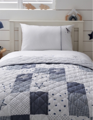 The Little White Company White/blue Patchwork Reversible Cotton And Linen-blend Single-bed Quilt