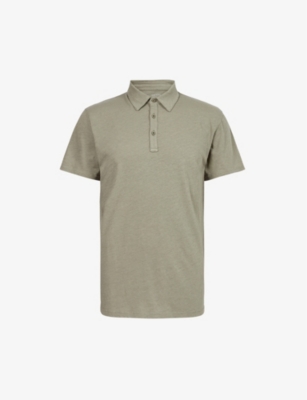 Shop Allsaints Mens Soft Green Figure Raw-edge Organic Cotton-jersey Polo Shirt
