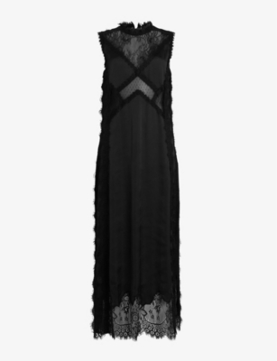 Allsaints Womens Black Mila Lace-trim Relaxed-fit Woven Maxi Dress