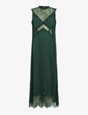 Allsaints Womens Sycamore Green Mila Lace-trim Relaxed-fit Woven Maxi Dress