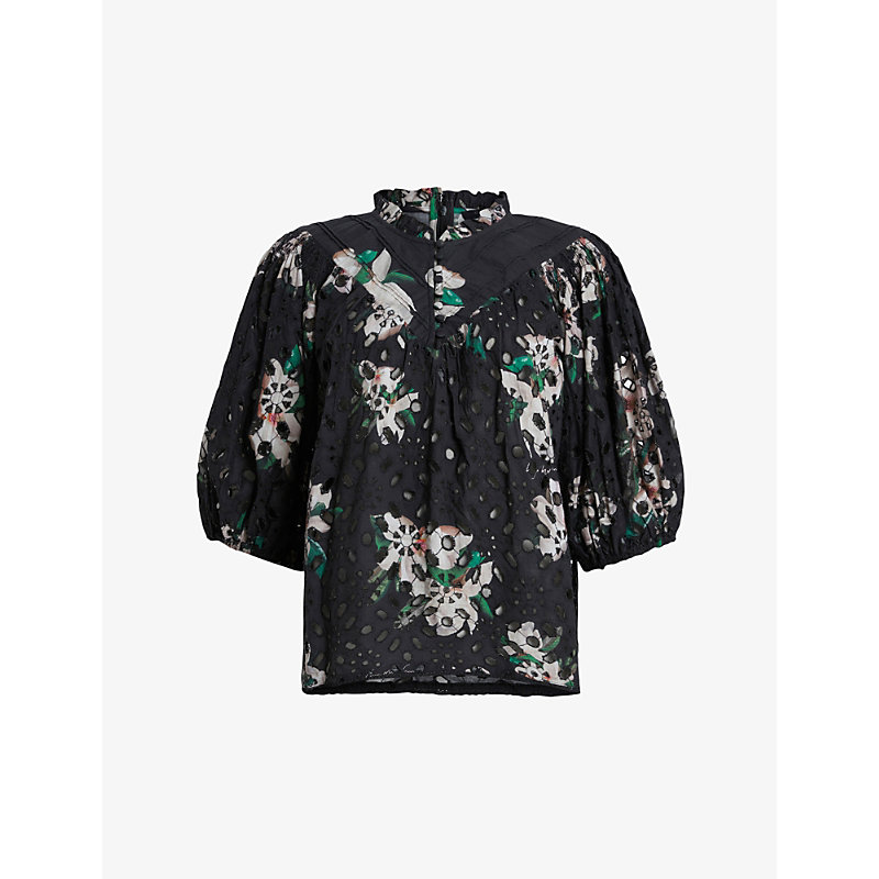 Allsaints Womens Black Broderie Anglaise-embroidered Cotton Shirt