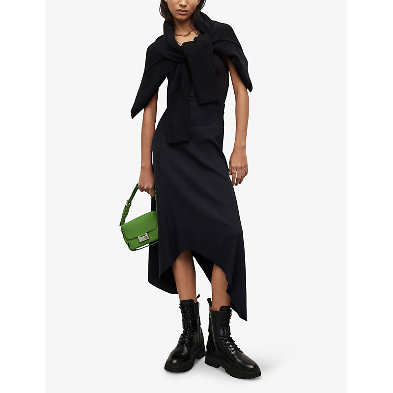 Shop Allsaints Women's Black Gia Ribbed Stretch-cotton Midi Skirt