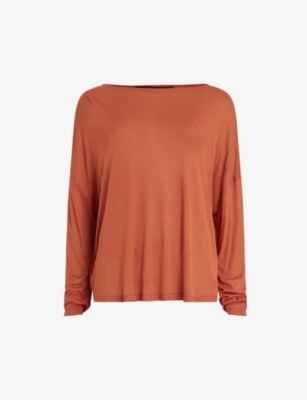 Allsaints Francesco Rita Long Sleeve Jersey Top In Rust Brown