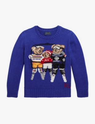 RALPH LAUREN RALPH LAUREN BOYS BLUE KIDS BEAR FAMILY COTTON-KNIT JUMPER,60025273