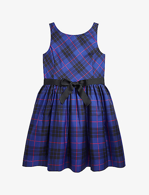 RALPH LAUREN: Plaid bow-embellished flared woven dress 7-14 years