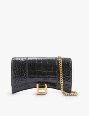 BALENCIAGA BALENCIAGA WOMEN'S BLACK HOURGLASS BRAND-PLAQUE CROC-EMBOSSED LEATHER WALLET-ON-CHAIN,60033209