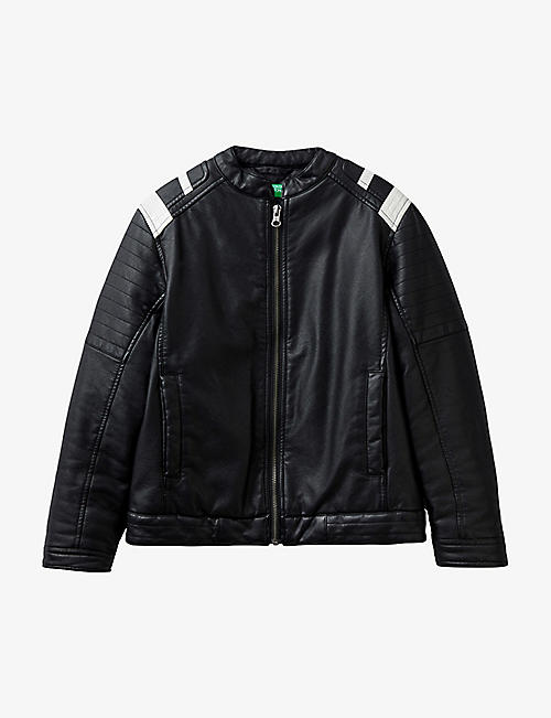 BENETTON: Striped ribbed-panel faux-leather biker jacket 6-14 years