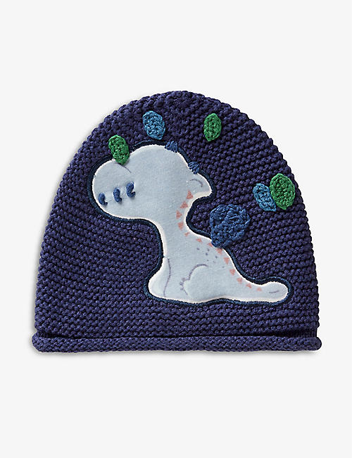 BENETTON: Dinosaur-appliqué crochet-detail knitted hat 0-18 months