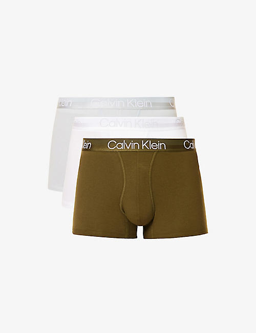 CALVIN KLEIN: Logo-waistband mid-rise pack of three stretch-cotton blend trunks