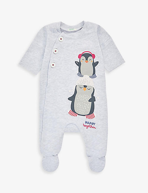BENETTON: Penguin-print stretch-cotton babygrow