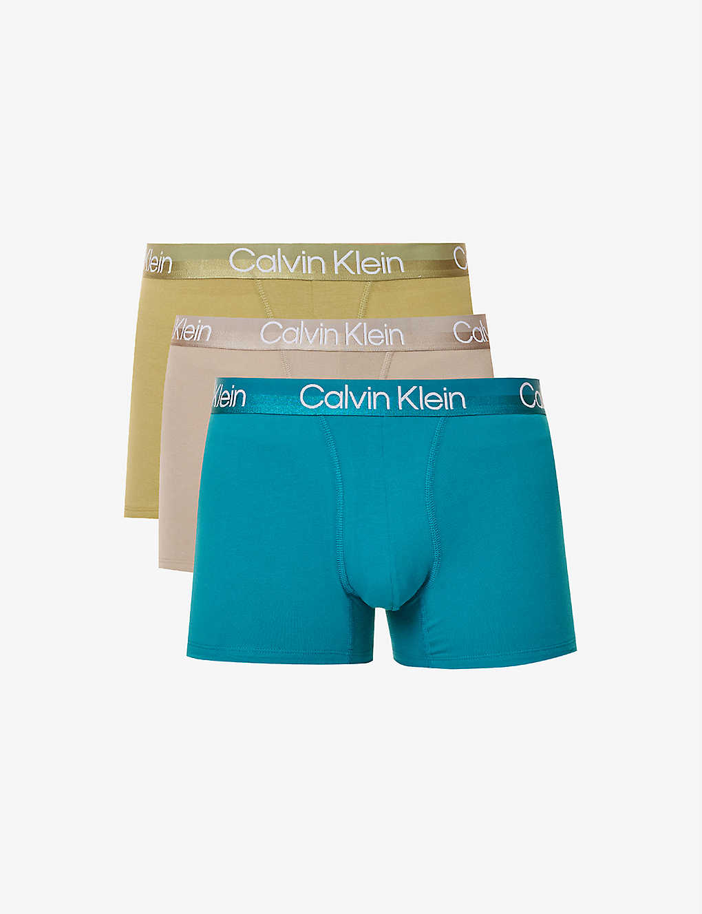 Calvin Klein Logo-waistband Mid-rise Pack Of Three Cotton And Recycled Polyester-blend Trunks In Multi