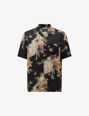 Allsaints Timor Floral Print Relaxed Fit Button Down Camp Shirt In Jet Black