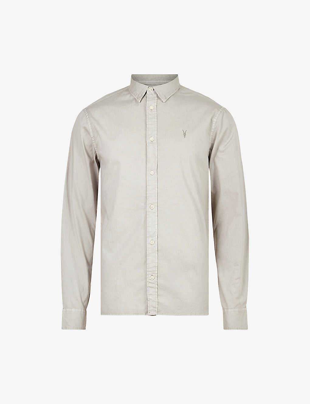 ALLSAINTS ALLSAINTS MEN'S FROSTED TAUPE HAWTHORNE RAMSKULL-EMBROIDERED STRETCH ORGANIC-COTTON SHIRT,60070839