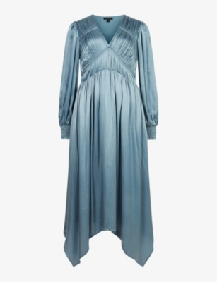 Allsaints Estelle Long Sleeve Asymmetric Hem Dress In Blue Slate