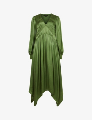 Allsaints Estelle Long Sleeve Asymmetric Hem Dress In Cactus Green
