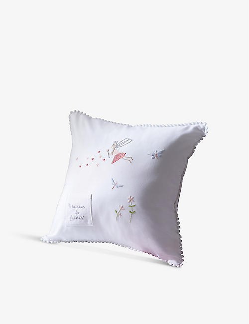 THE LITTLE WHITE COMPANY: Enchanted Tooth Fairy hand-embroidered cotton cushion 22cm x 22cm