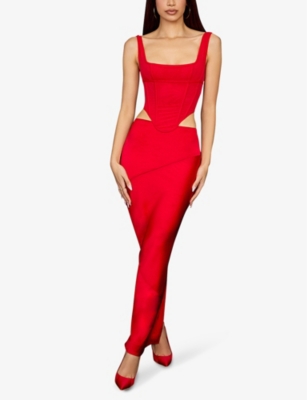 House Of Cb Colette Fitted Satin Midi Skirt In Scarlet