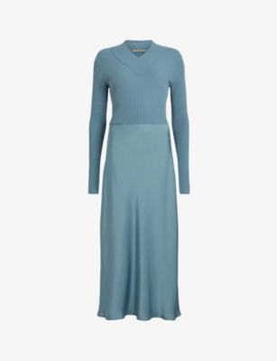 Allsaints Hana Mixed Media Long Sleeve Dress In Blue Slate