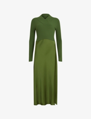 Allsaints Hana Mixed Media Long Sleeve Dress In Cactus Green