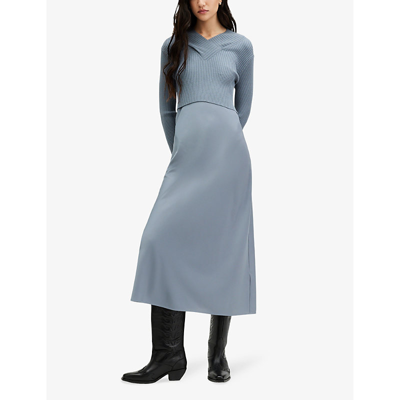 Shop Allsaints Hana Cactus Woven Midi Dress And Jumper Set In Dark Denim Blu