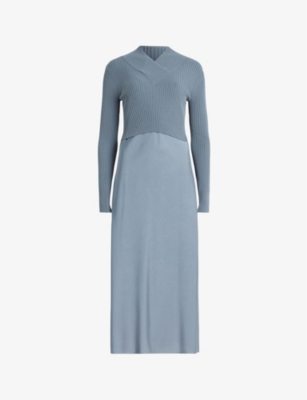 Allsaints Hana 2-in1 Slim Fit Midi Slip Dress In Dark Denim Blu