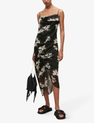 Shop Allsaints Floral-print Strapless Stretch-woven Midi Dress In Black
