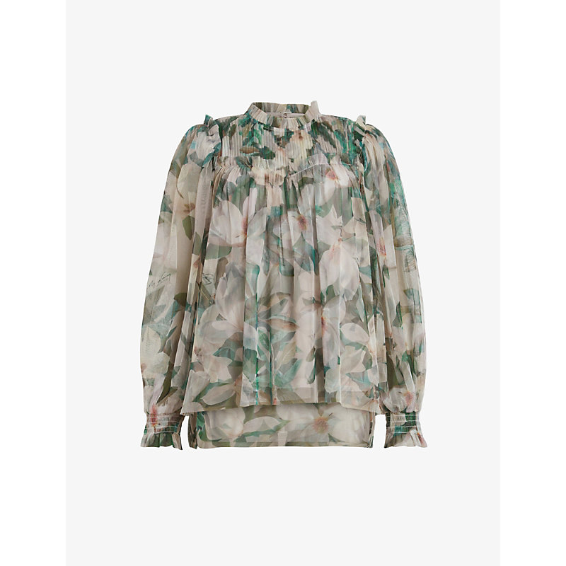 ALLSAINTS ALLSAINTS WOMENS CHALK WHITE PERRI ALESSANDRA FLORAL RECYCLED-POLYESTER TULLE BLOUSE,60096013