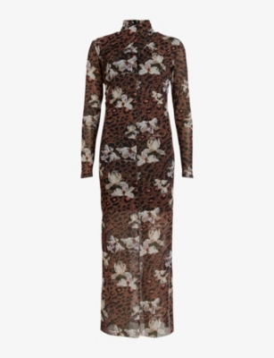 Allsaints Tia Alessandra Long Sleeve Midi Dress In Animal Brown