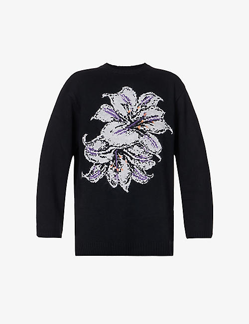YOHJI YAMAMOTO: Floral-pattern ribbed-trim wool-knit jumper