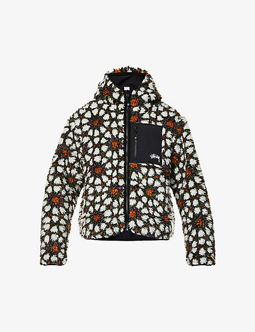 STUSSY: Sherpa graphic-pattern reversible boxy-fit fleece jacket