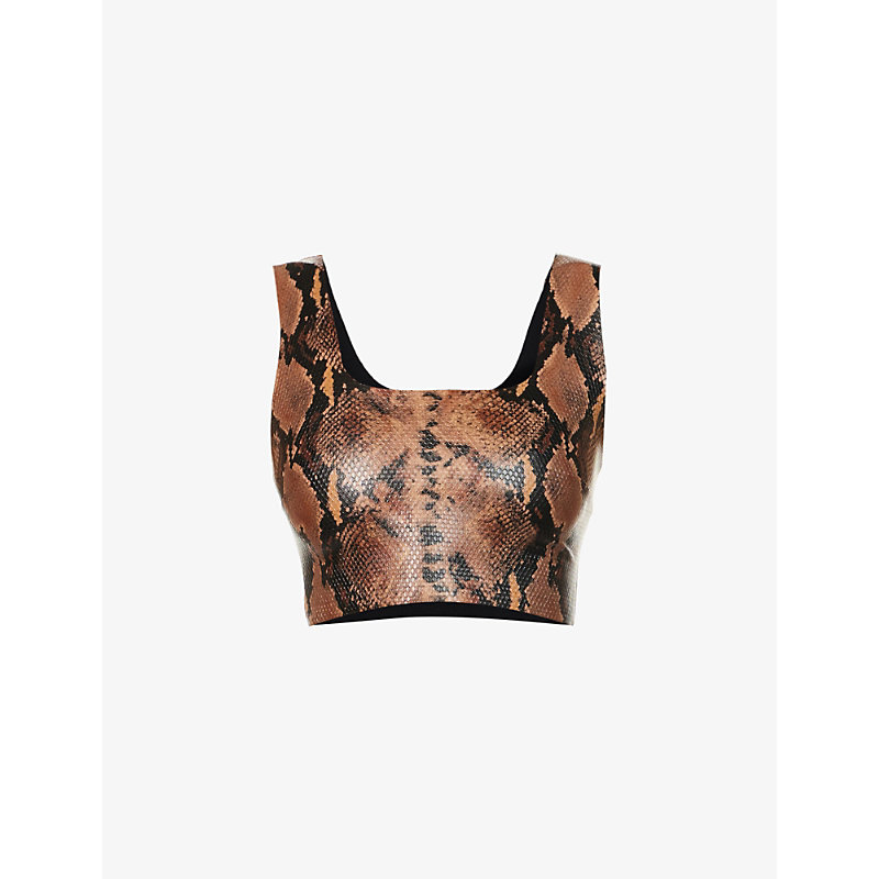 Commando Womens Tawny Python Snakeskin-print Faux-leather Crop Top