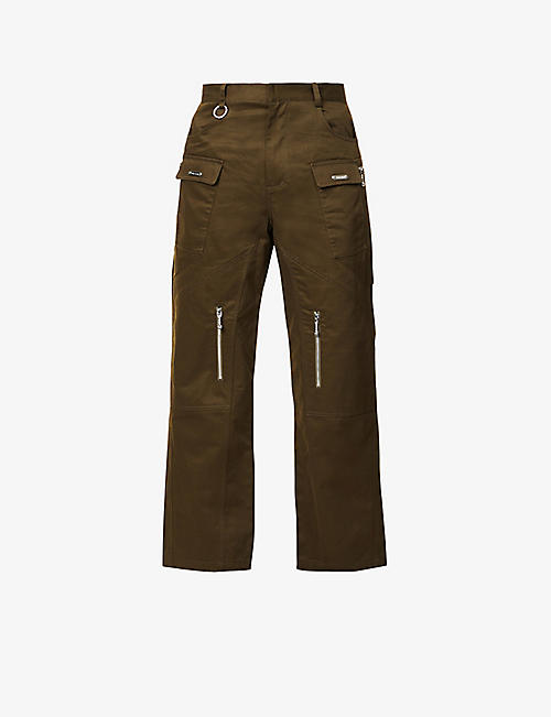 PRIVATE POLICY: Multi-pocket relaxed-fit wide-leg cotton-twill cargo trousers