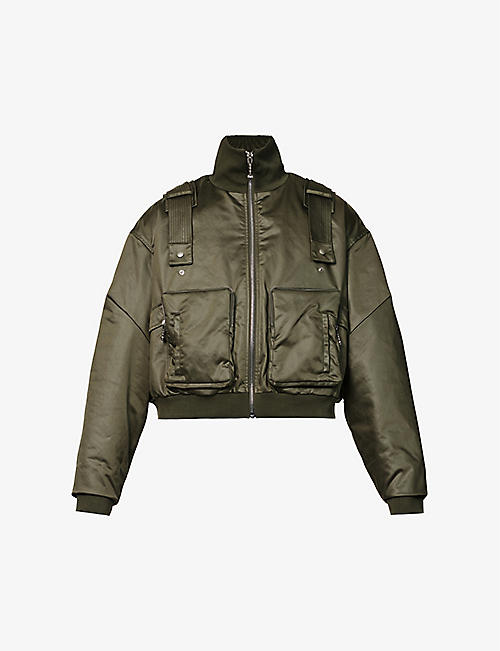 PRIVATE POLICY: Cargo-harness oversized-fit satin bomber jacket