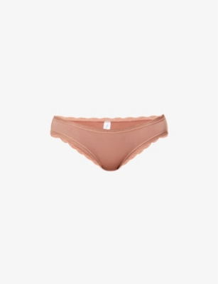 Stripe & Stare Mid-rise Lace Stretch-woven Briefs In Mocha