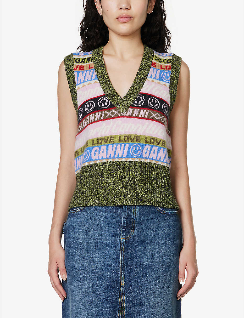 GANNI Graphic-print V-neck recycled wool-blend top
