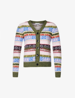 GANNI GRAPHIC-PRINT V-NECK RECYCLED WOOL-BLEND CARDIGAN