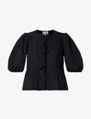 Ganni Puff-sleeve Tiered-hem Cotton Blouse In Black