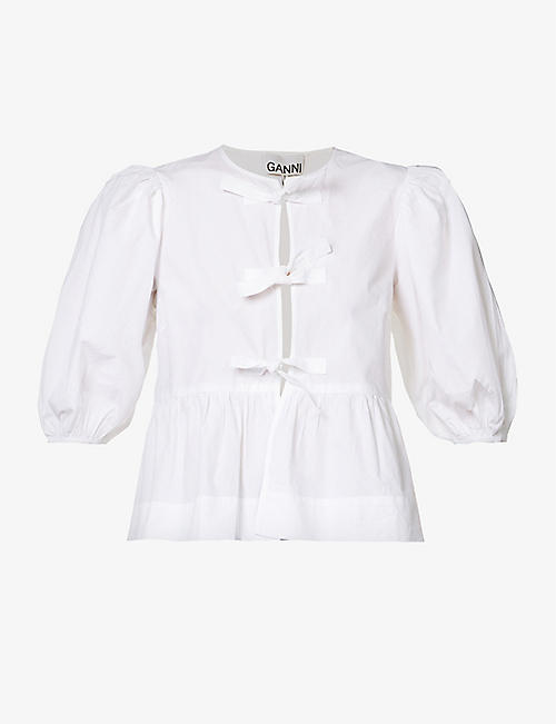 GANNI: Puff-sleeve tiered-hem cotton blouse